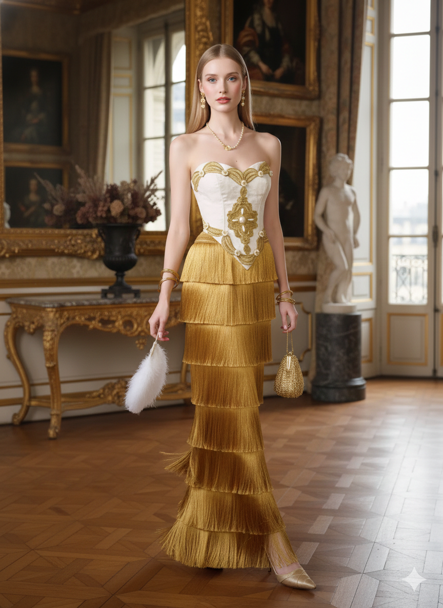 Parisian Palace Style Strapless Corset Gold Tassel Layered French Dress Women Dress