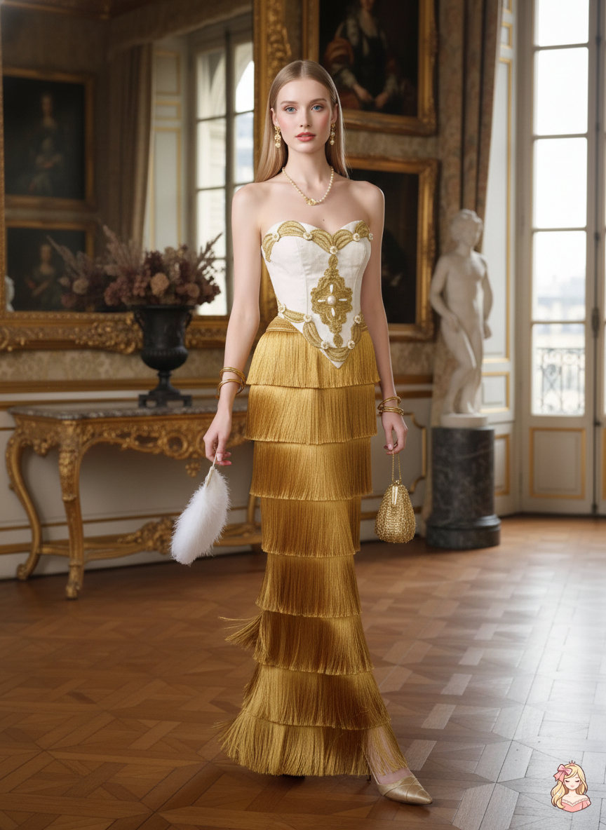 The Palace Gold Corset Gown | Strapless Tassel Layered Dress | French Theatre Performance Maxi | Parisian Princess
