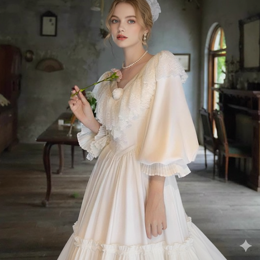 Parisian Satin Lace Dress Lantern Sleeve Long Maxi Ladies S-XL Vintage High Waist 2025 New V Neck White