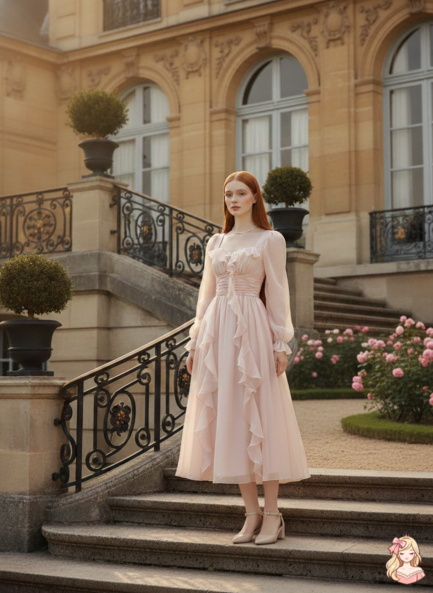 The Blush Bubble Midi | Square Neck Ruffled Party Dress | French Fairy Vintage Pink Dress | Parisian Princess