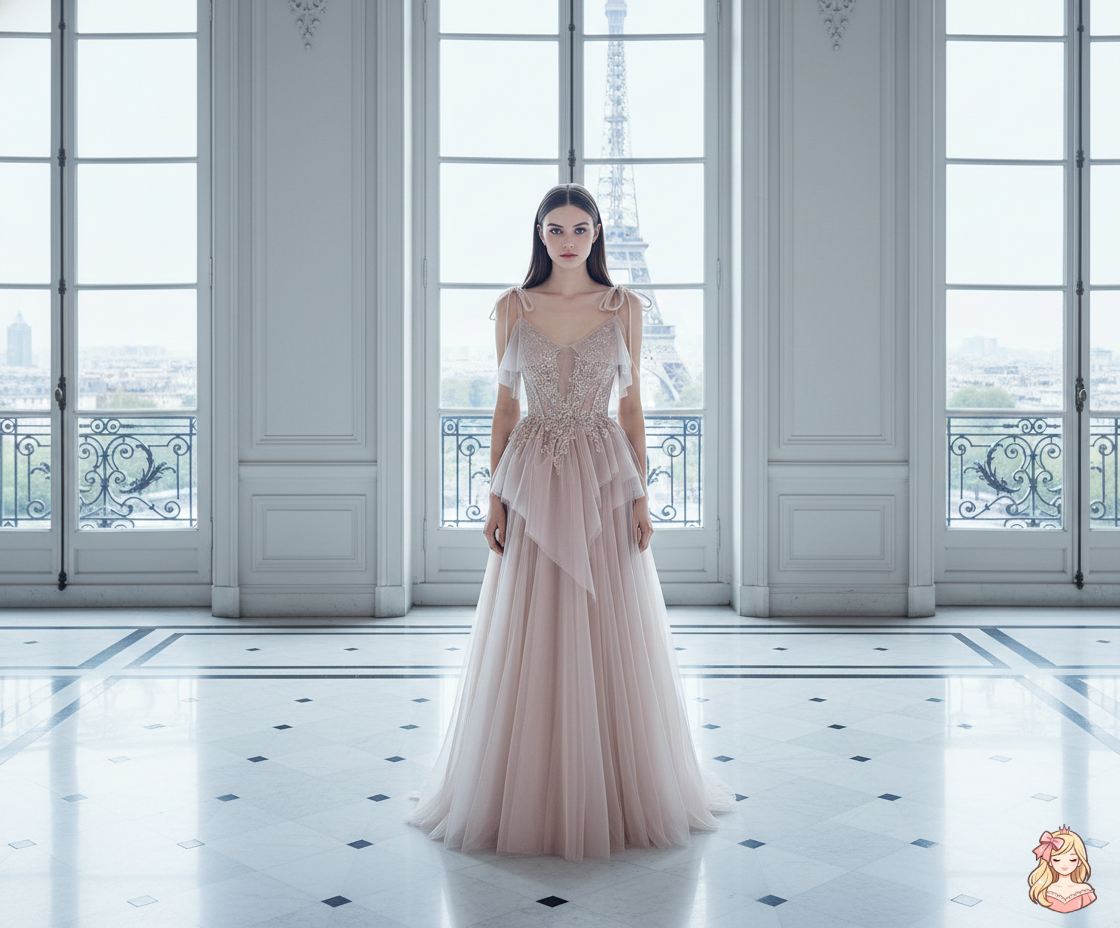 The French Sequined Crown Gown | V-Neck Crepe Ball Gown | Luxury Summer Wedding Party Dress | Parisian Princess
