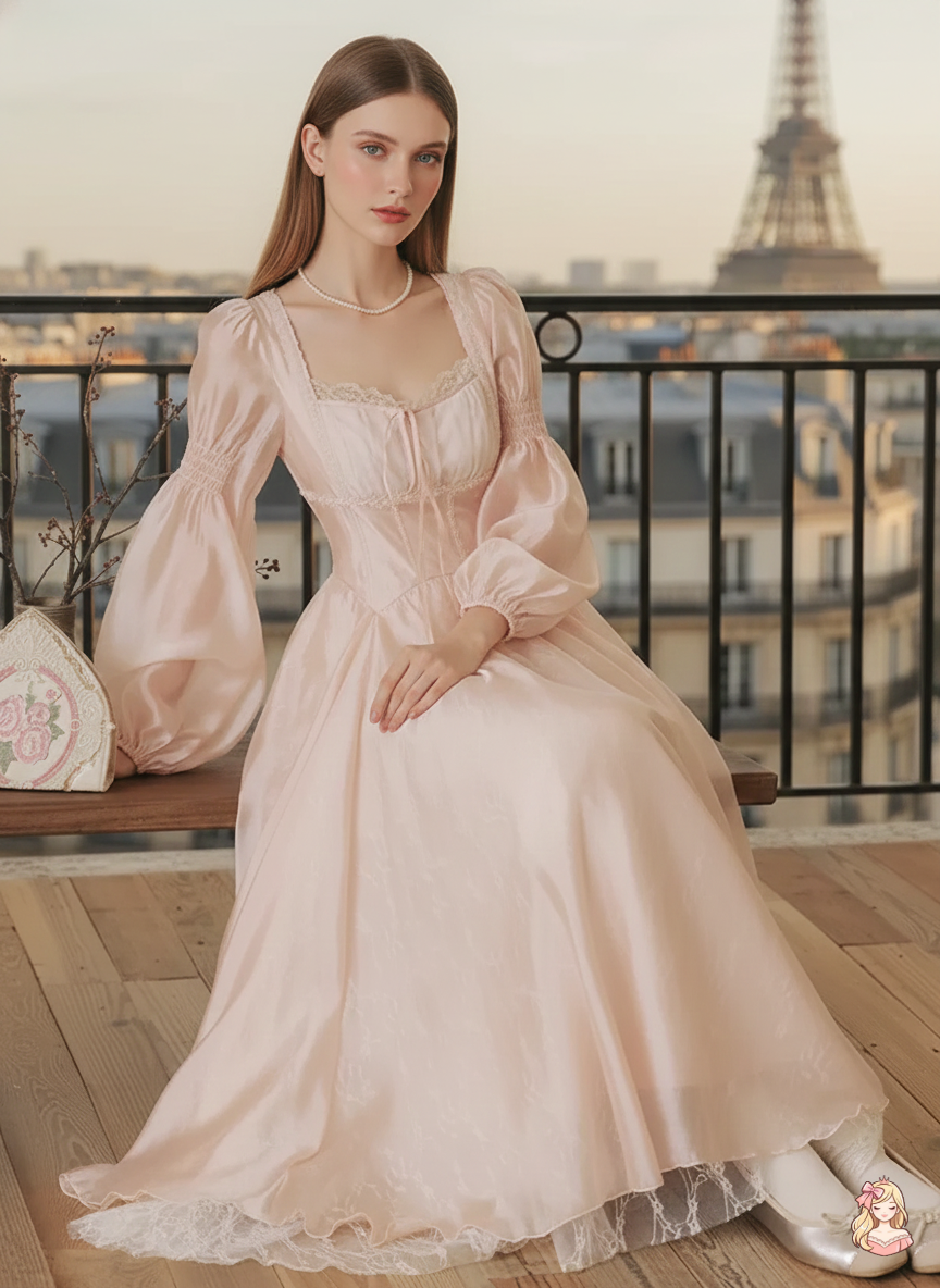 The Frosty Pink Chiffon Dress | Square Neck Lace Puff Sleeve Midi | Sweet Princess Gown | Parisian Princess