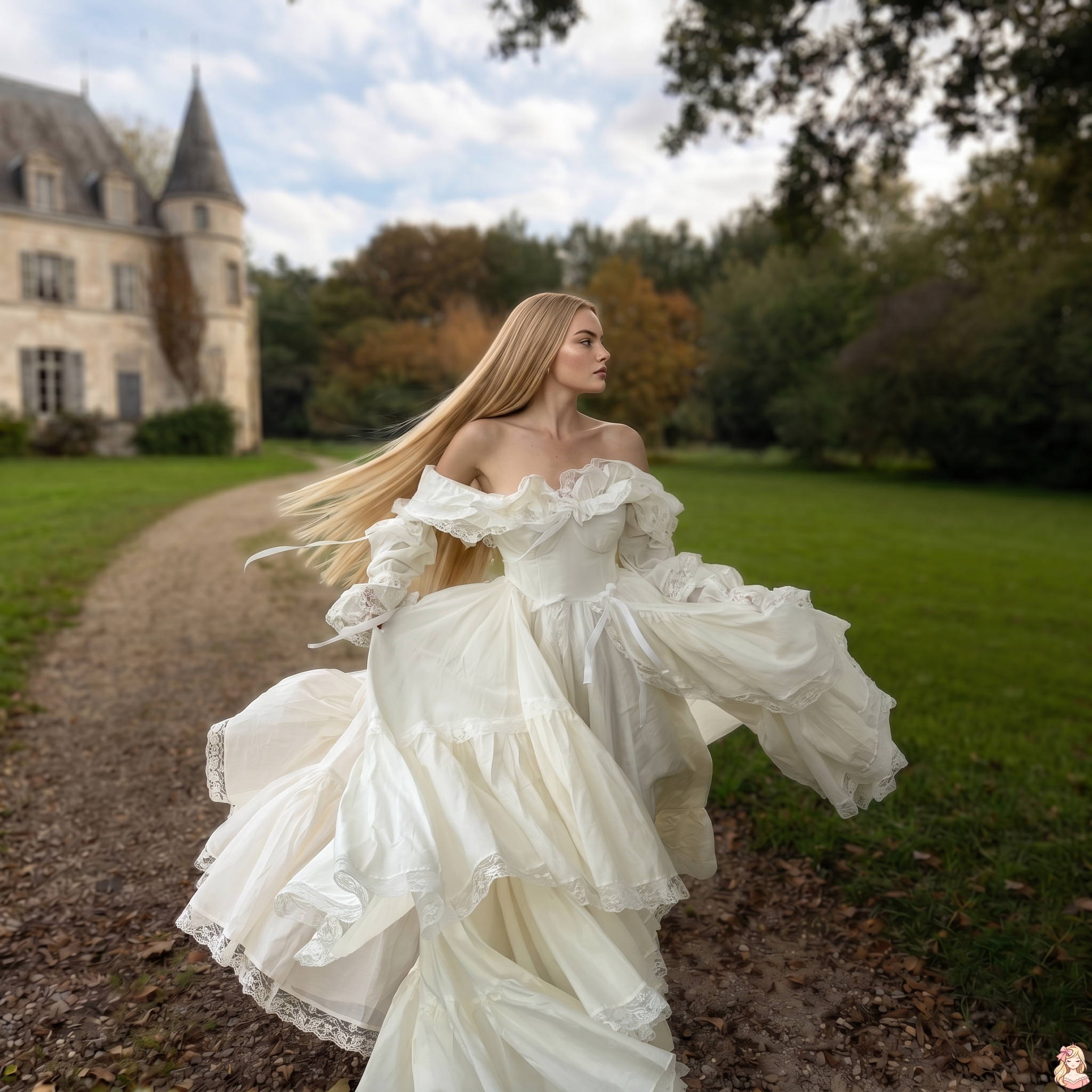 Woman in a white wedding dress standing in front of a castle