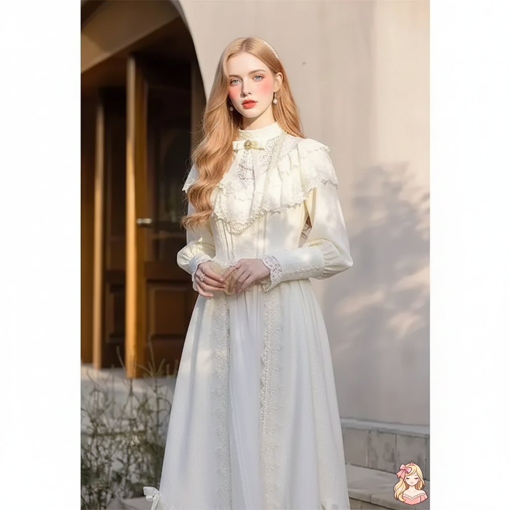 The Coalfell Hepburn Gown | O-Neck White Lace Maxi | French Birthday Performance Dress | Parisian Princess