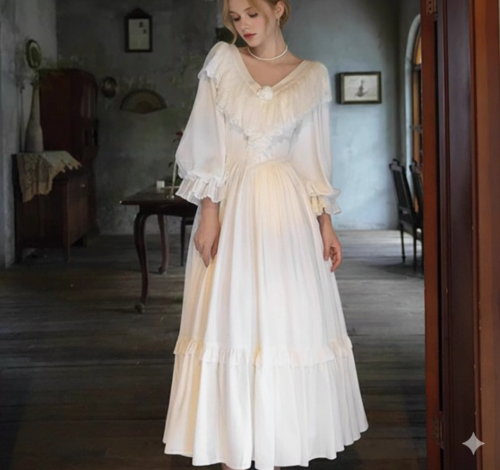 Parisian Satin Lace Dress Lantern Sleeve Long Maxi Ladies S-XL Vintage High Waist 2025 New V Neck White