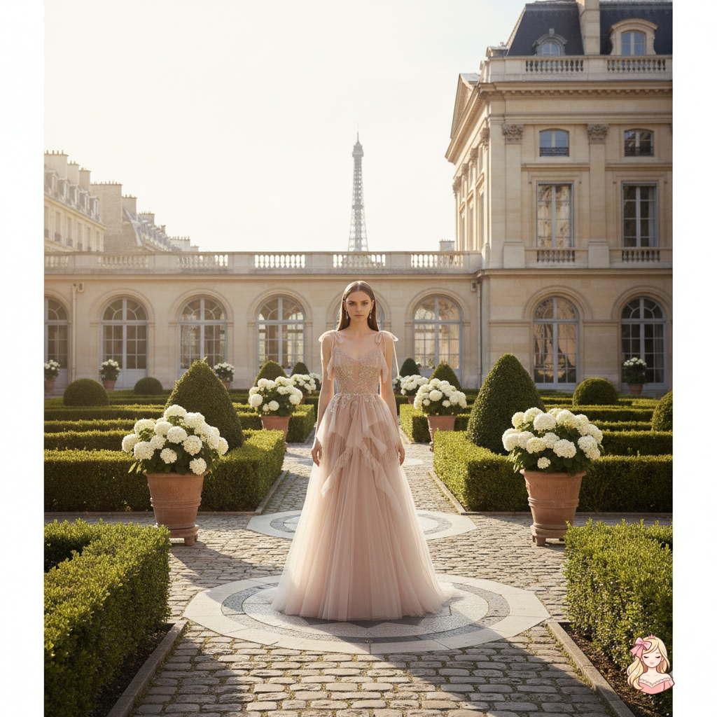 The French Sequined Crown Gown | V-Neck Crepe Ball Gown | Luxury Summer Wedding Party Dress | Parisian Princess