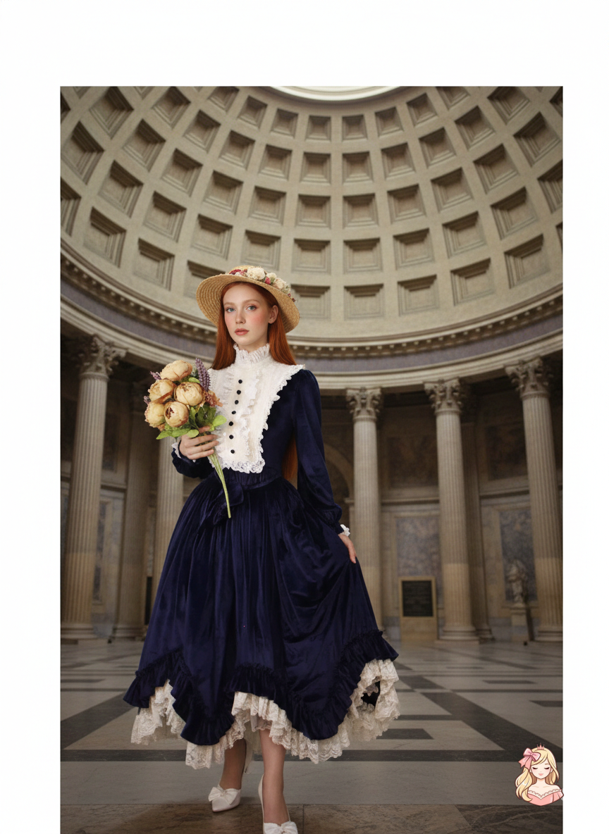 The French Court Velvet Gown | Lace Stitching Long Sleeve Maxi | Parisian Retro Lolita Dress | Parisian Princess