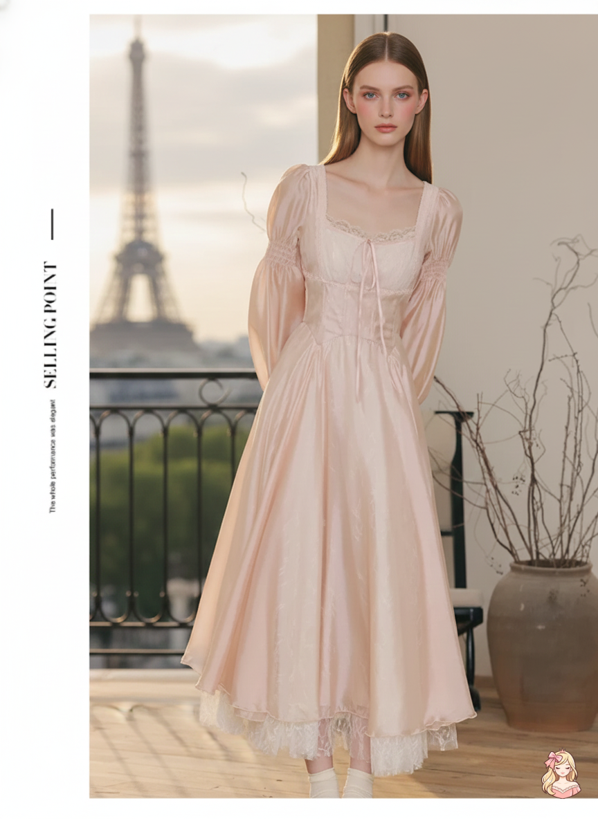 The Frosty Pink Chiffon Dress | Square Neck Lace Puff Sleeve Midi | Sweet Princess Gown | Parisian Princess