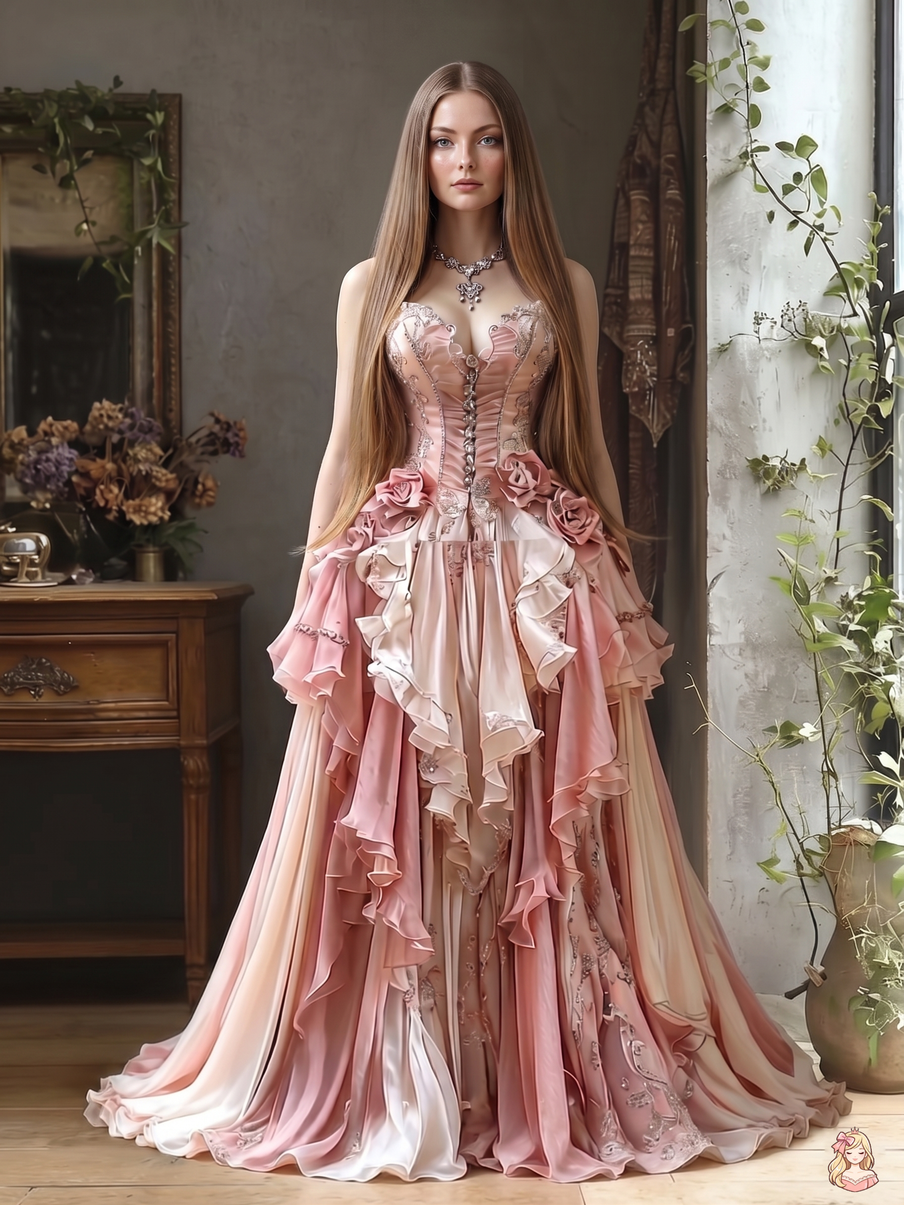 The Blondina Versailles Gown (Made to Order) | Pink Vintage Victorian Strapless Ball Gown | 3D Floral Embroidery Court Train Dress | Parisian Princess