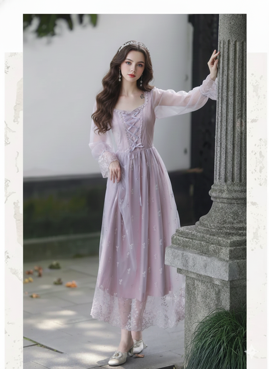 Lovely Lavendar Countryside Dresse Embroidered Lace Square Collar French Romantic Fairy Dresses Flared Sleeve Sweet Vestido midi