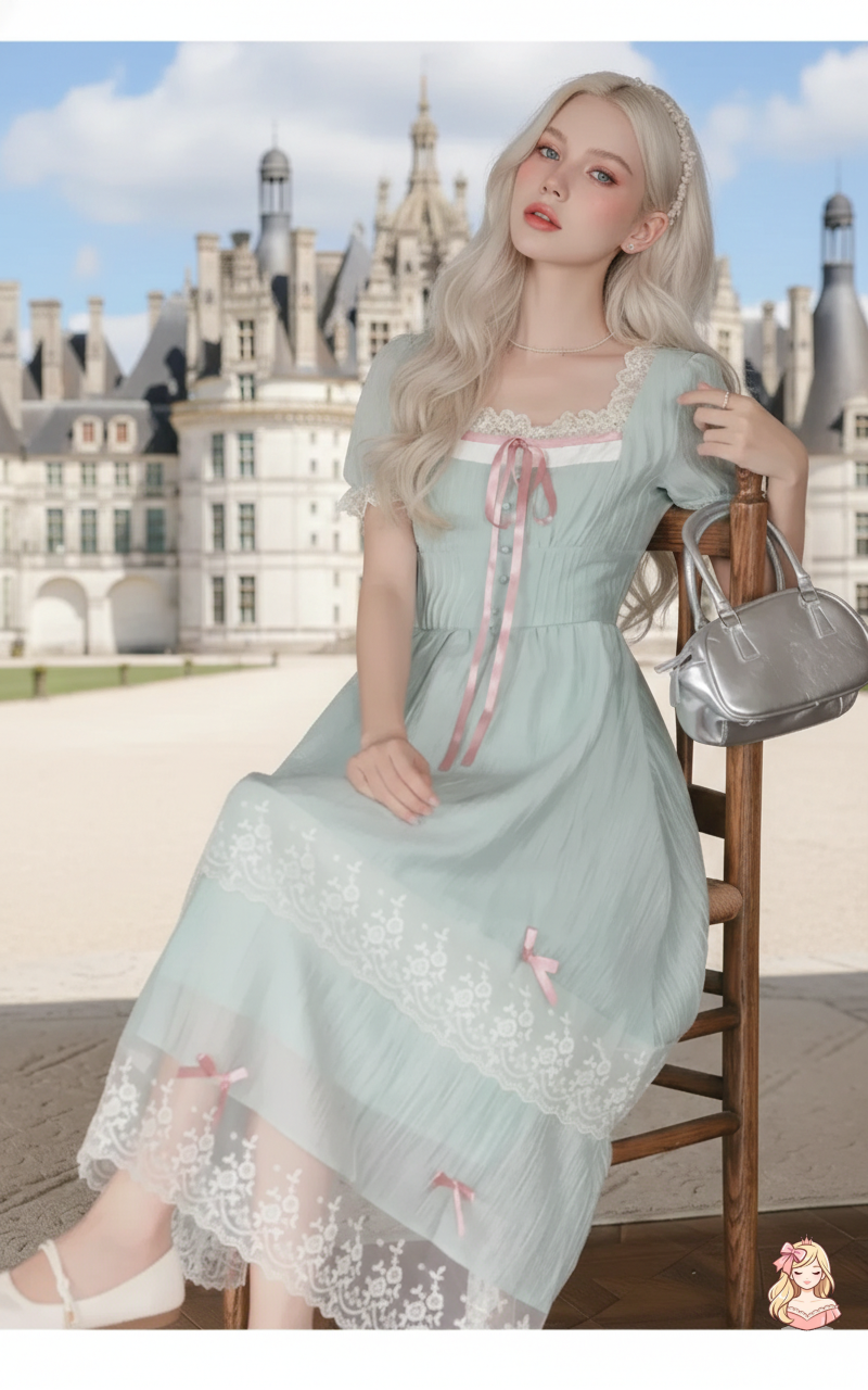 The Chambord Fairy Gown | Green Bow Lace Square Neck Dress | French Mori Girl Summer Dress | Parisian Princess