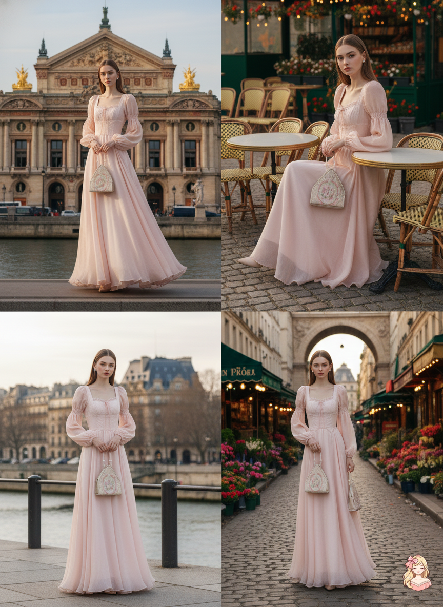 The Frosty Pink Chiffon Dress | Square Neck Lace Puff Sleeve Midi | Sweet Princess Gown | Parisian Princess