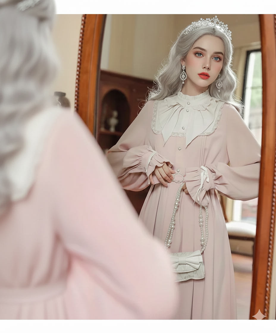 French Sweet Cute Dresses Pink Stand Collar Ruffle Design Chic Flared Sleeve Chiffon Dress French Parisian Lolita Vestidos