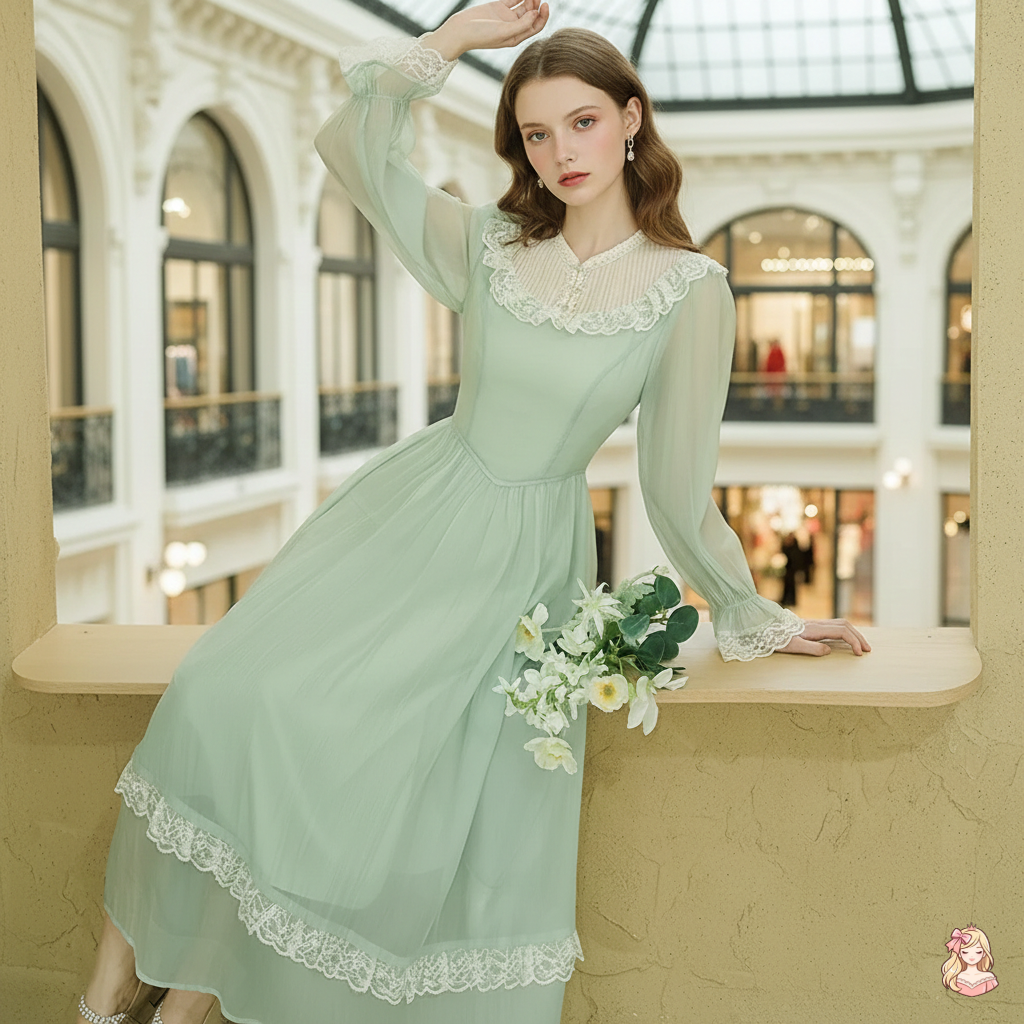 The Tuileries Green Fairy Dress | V-Neck Lace Flare Sleeve Midi | French Retro Empire Gown | Parisian Princess