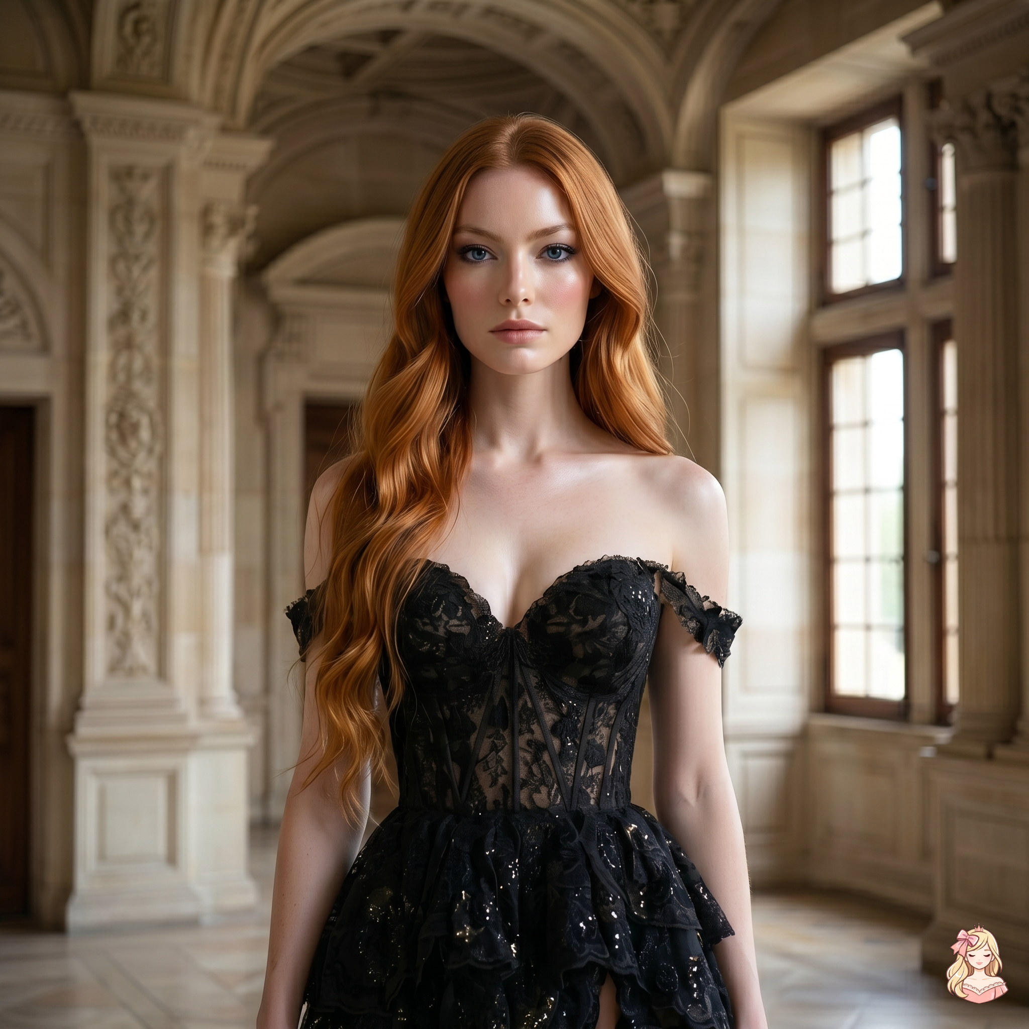 Woman in a black lace dress standing in an elegant interior setting