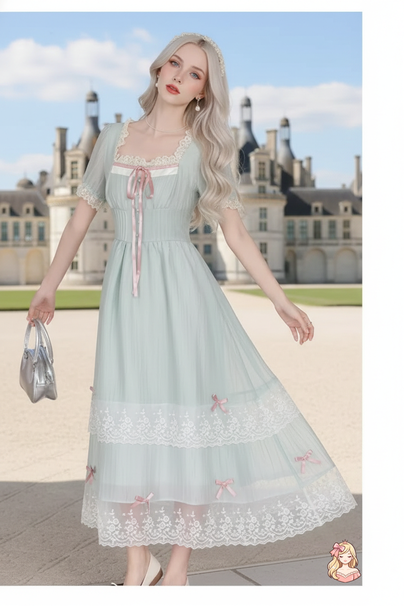 The Chambord Fairy Gown | Green Bow Lace Square Neck Dress | French Mori Girl Summer Dress | Parisian Princess