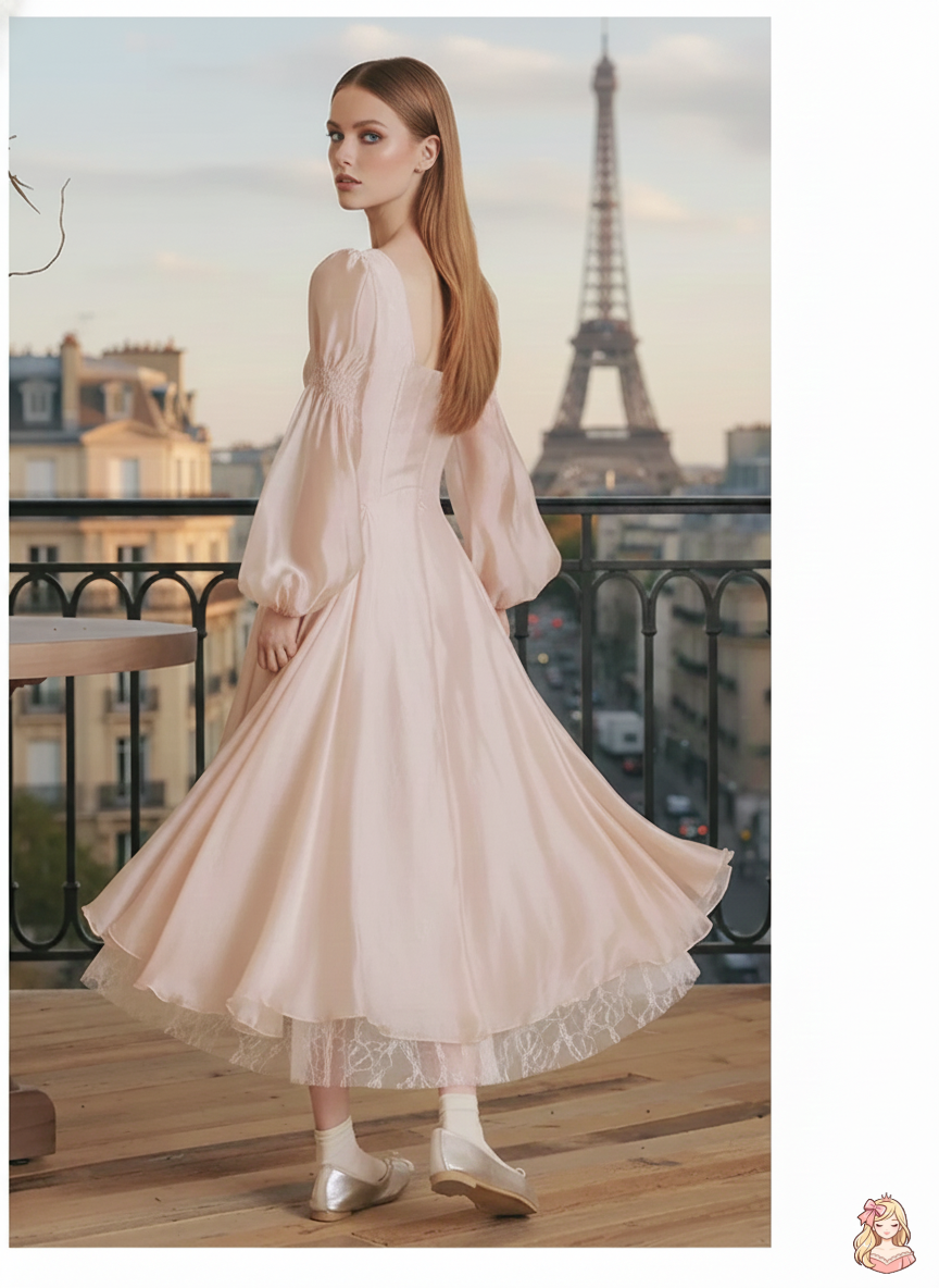The Frosty Pink Chiffon Dress | Square Neck Lace Puff Sleeve Midi | Sweet Princess Gown | Parisian Princess