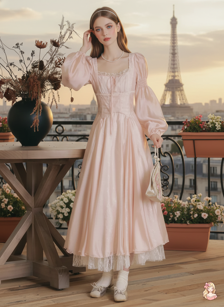 The Frosty Pink Chiffon Dress | Square Neck Lace Puff Sleeve Midi | Sweet Princess Gown | Parisian Princess