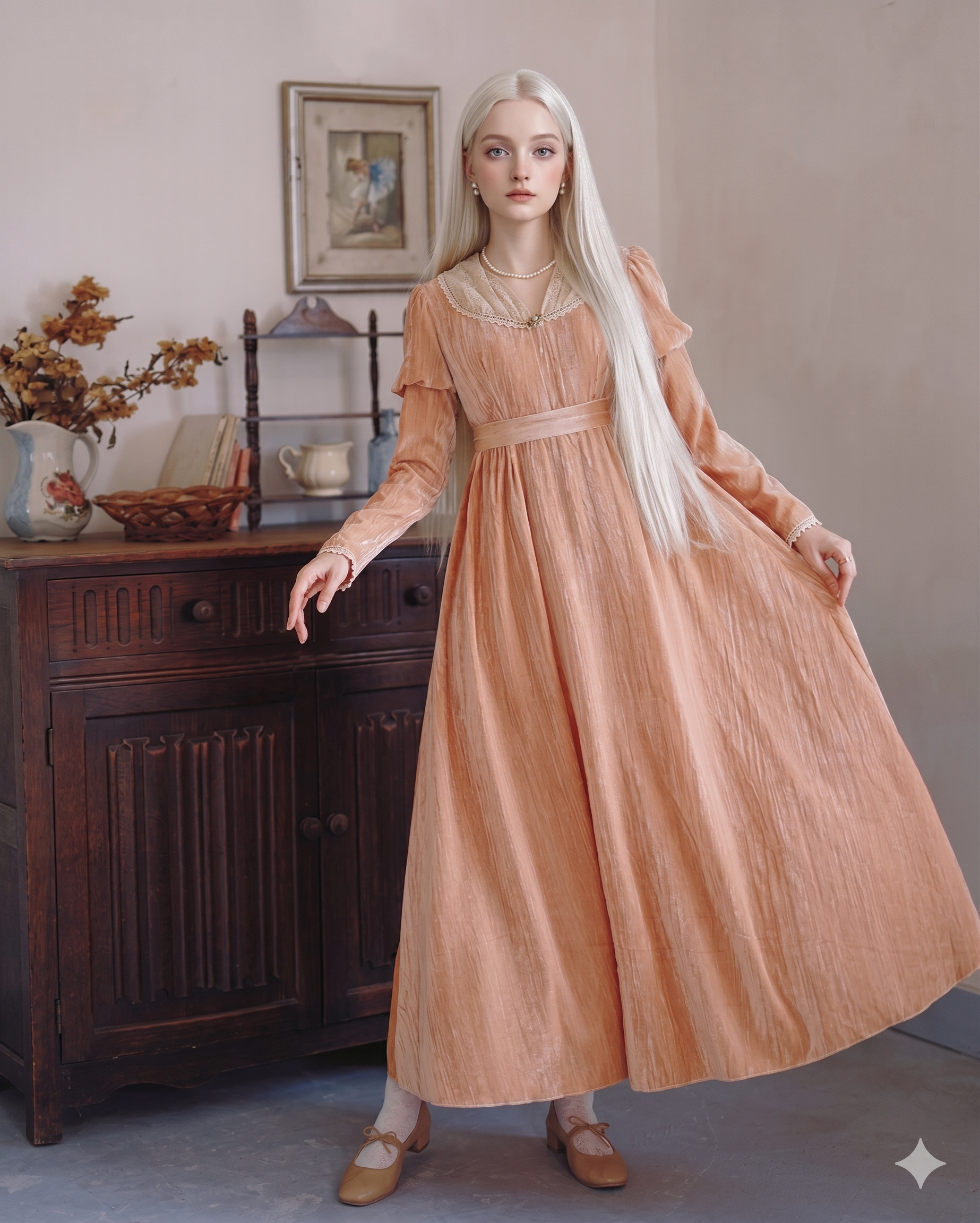 Woman in a peach-colored dress standing in a room with a wooden cabinet and decorative items.