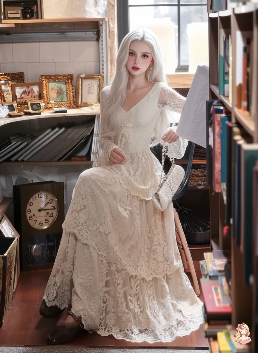 The Tuileries Lace Cake Dress | V-Neck Fairy Wedding Maxi | French Vintage Slim Long Gown | Parisian Princess
