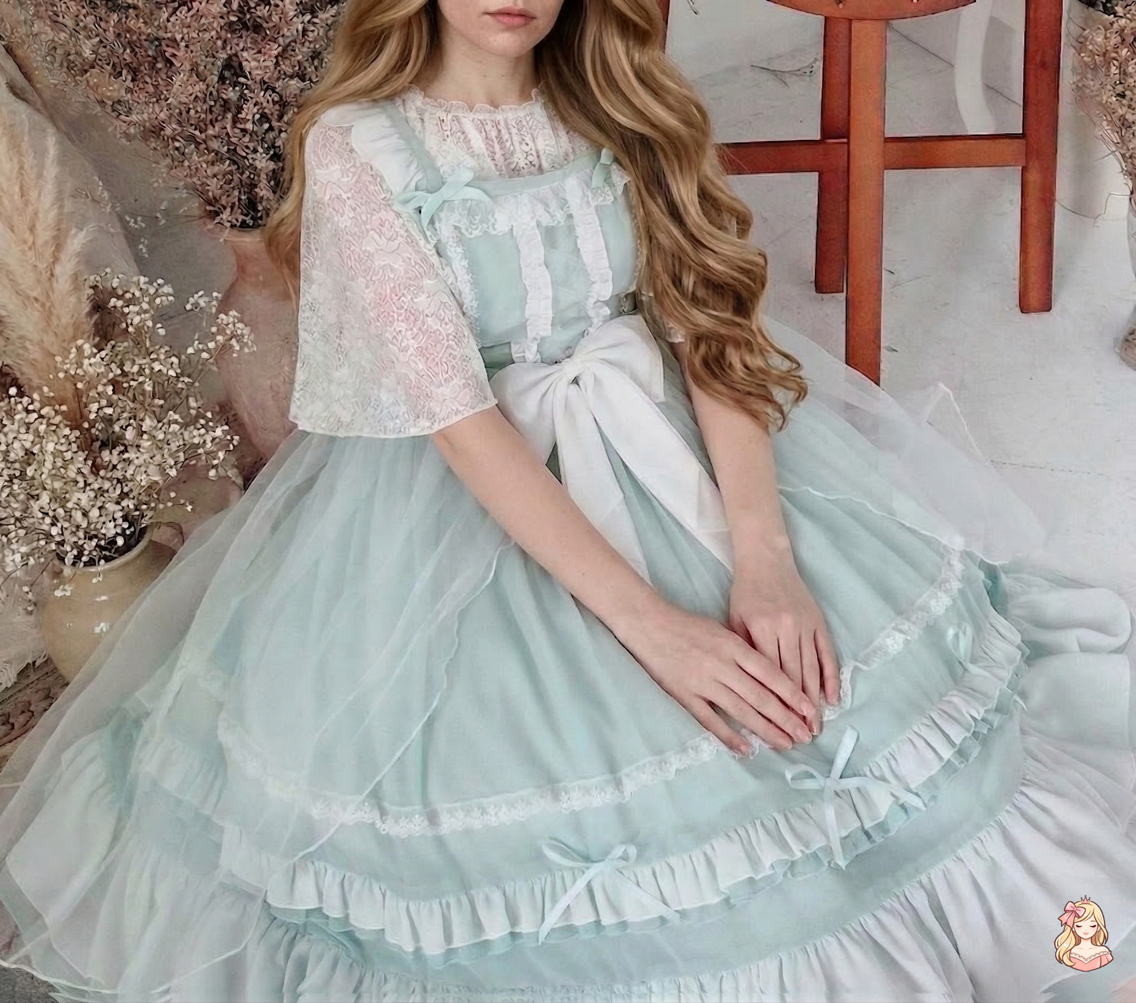 Woman wearing a light blue and white dress with floral details in a decorative setting.