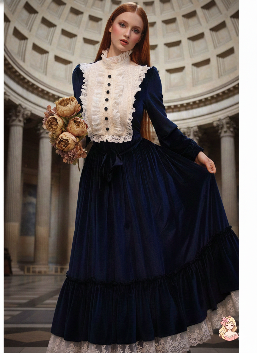 The French Court Velvet Gown | Lace Stitching Long Sleeve Maxi | Parisian Retro Lolita Dress | Parisian Princess