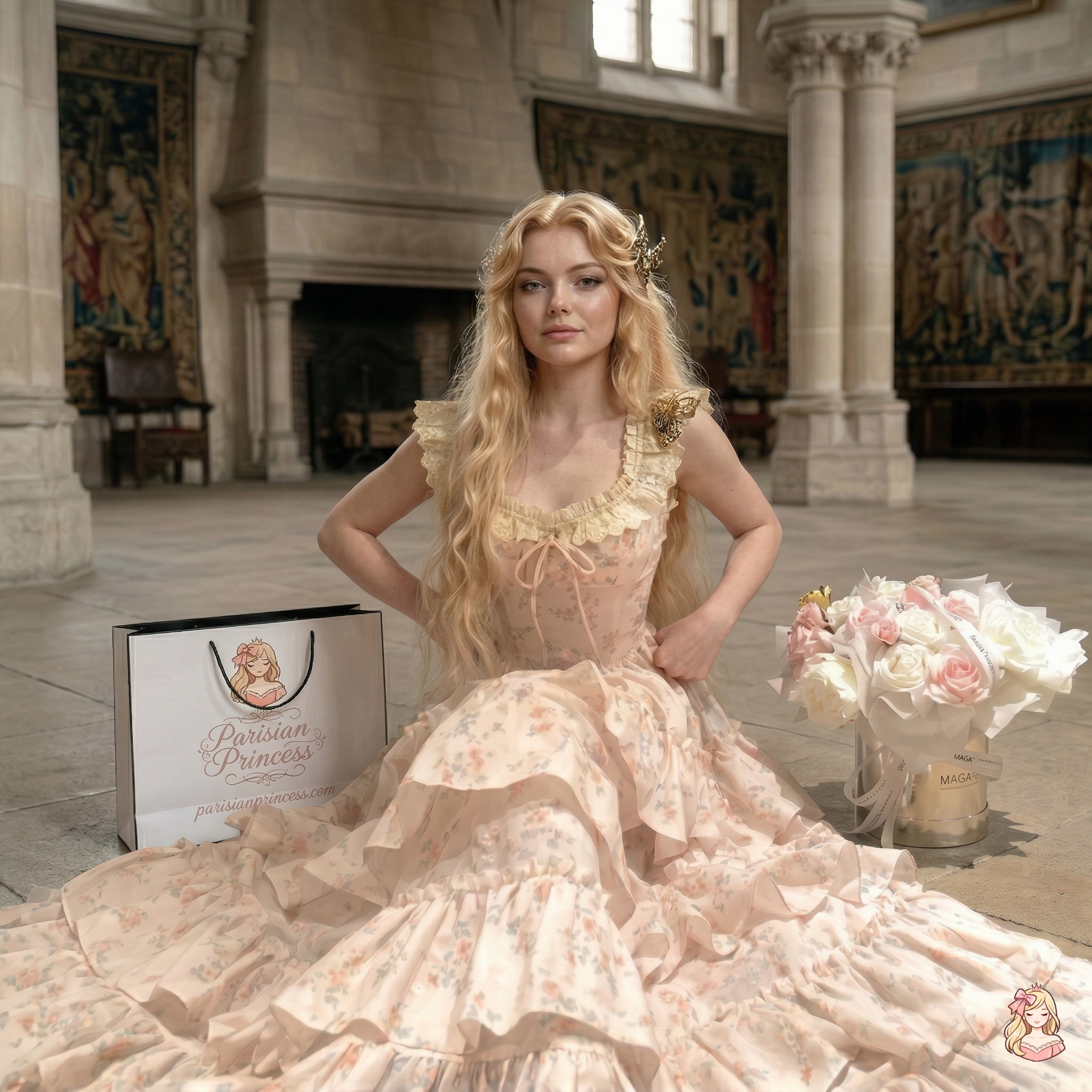 Woman in a vintage-style dress sitting in a grand room with decorative elements.