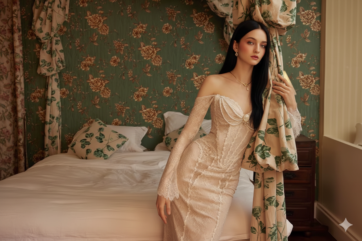 Parisian Romantic Winter Evening Gown Lace Dress Women Vintage Elegant Slim Sexy Birthday Wedding Party Strapless Dress