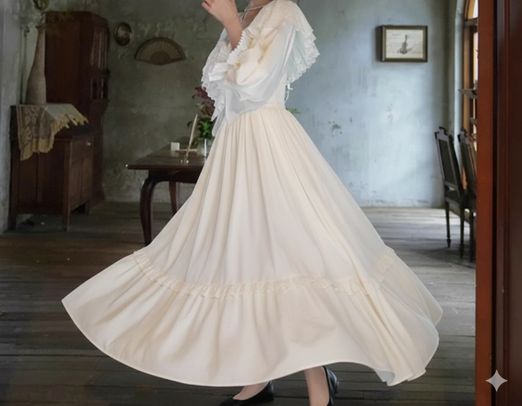 Parisian Satin Lace Dress Lantern Sleeve Long Maxi Ladies S-XL Vintage High Waist 2025 New V Neck White