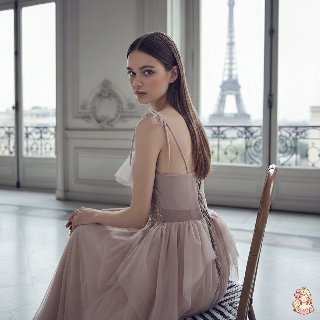 The French Sequined Crown Gown | V-Neck Crepe Ball Gown | Luxury Summer Wedding Party Dress | Parisian Princess