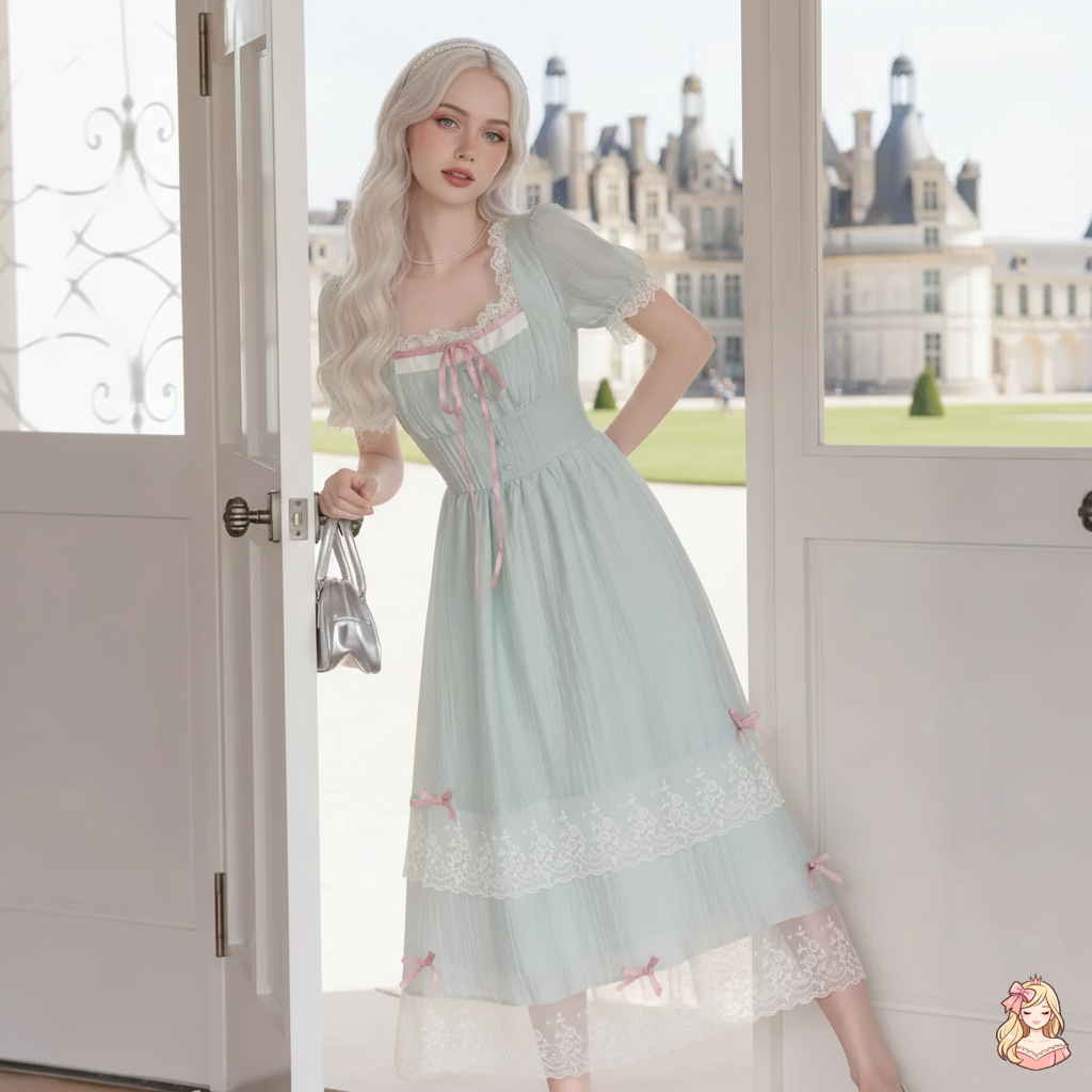 The Chambord Fairy Gown | Green Bow Lace Square Neck Dress | French Mori Girl Summer Dress | Parisian Princess