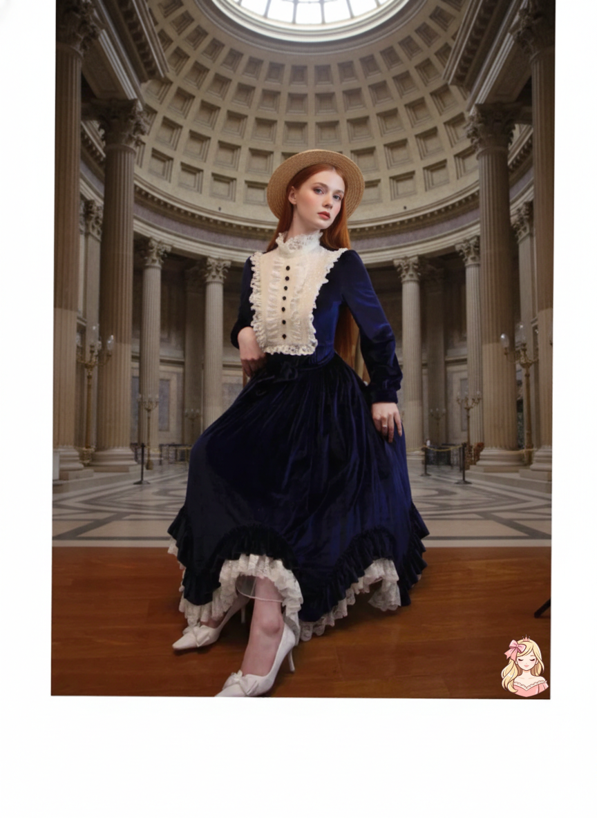 The French Court Velvet Gown | Lace Stitching Long Sleeve Maxi | Parisian Retro Lolita Dress | Parisian Princess