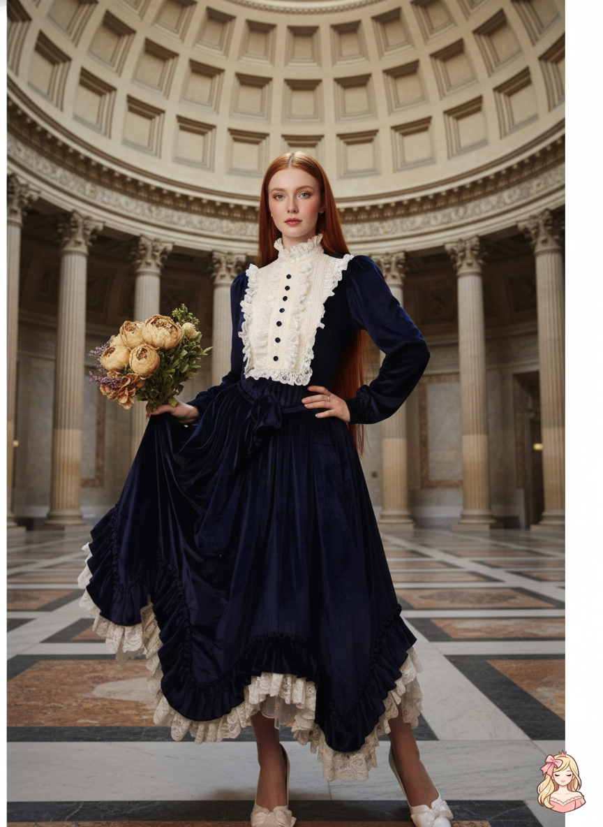 The French Court Velvet Gown | Lace Stitching Long Sleeve Maxi | Parisian Retro Lolita Dress | Parisian Princess