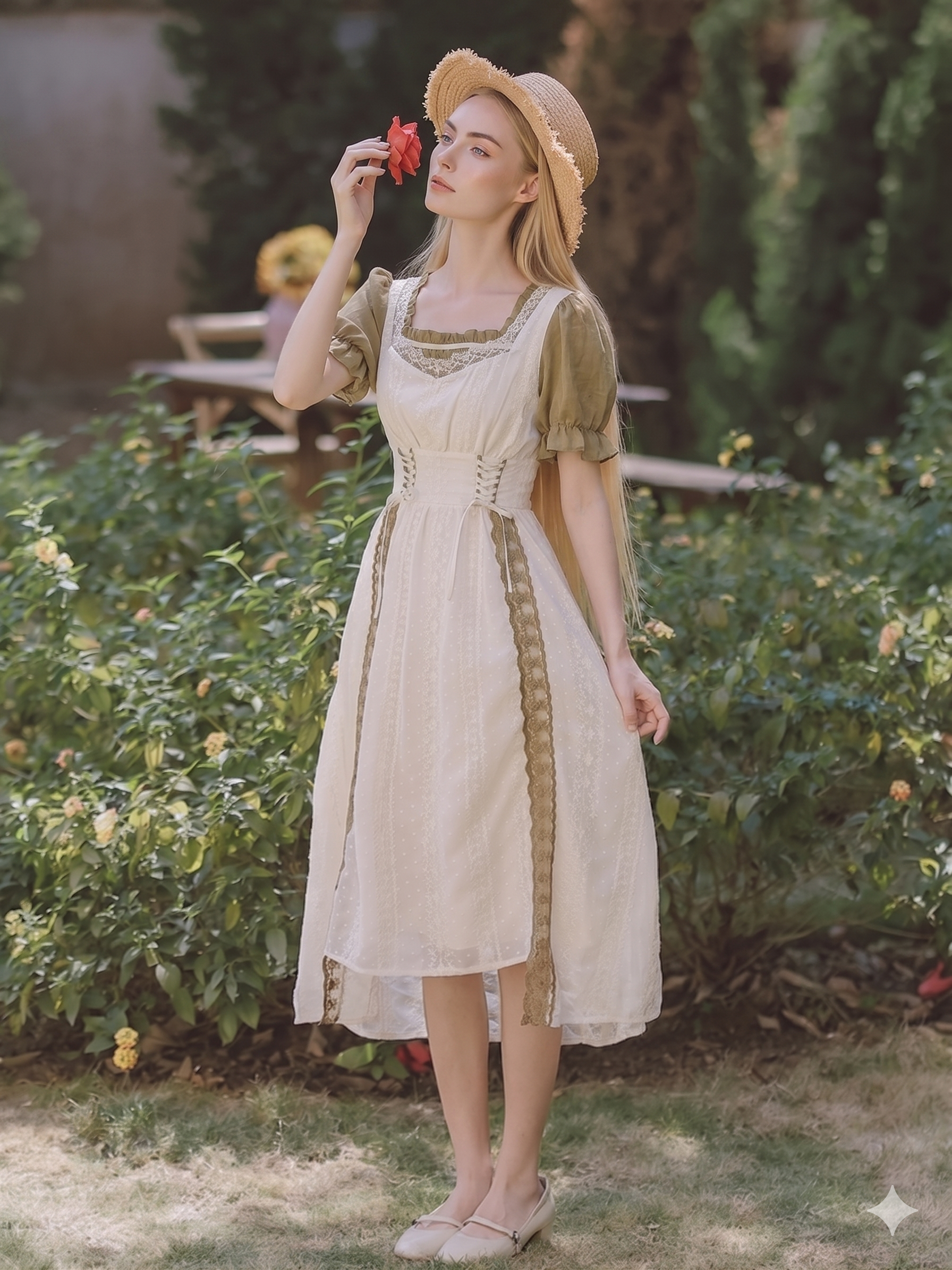 Woman in a vintage-style dress standing in a garden