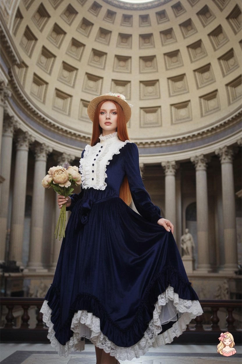 The French Court Velvet Gown | Lace Stitching Long Sleeve Maxi | Parisian Retro Lolita Dress | Parisian Princess