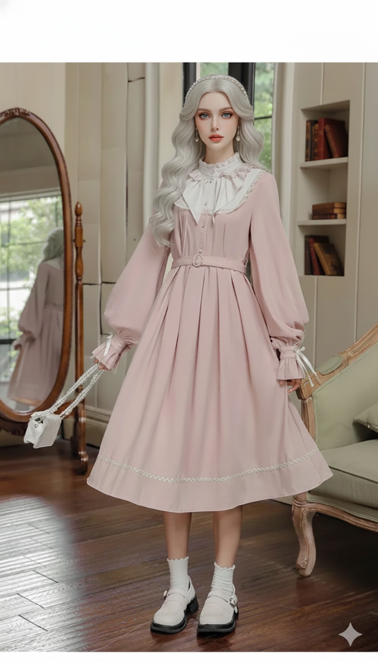 French Sweet Cute Dresses Pink Stand Collar Ruffle Design Chic Flared Sleeve Chiffon Dress French Parisian Lolita Vestidos