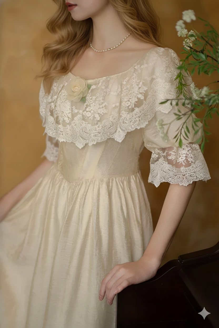 Parisian Court Vintage Oil Painting Style Slim Waist Comfortable Lace Collar Lyocell Dresses