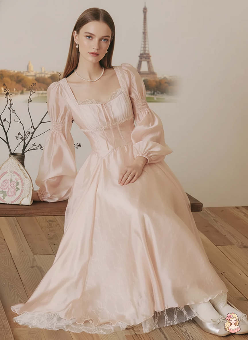 The Frosty Pink Chiffon Dress | Square Neck Lace Puff Sleeve Midi | Sweet Princess Gown | Parisian Princess