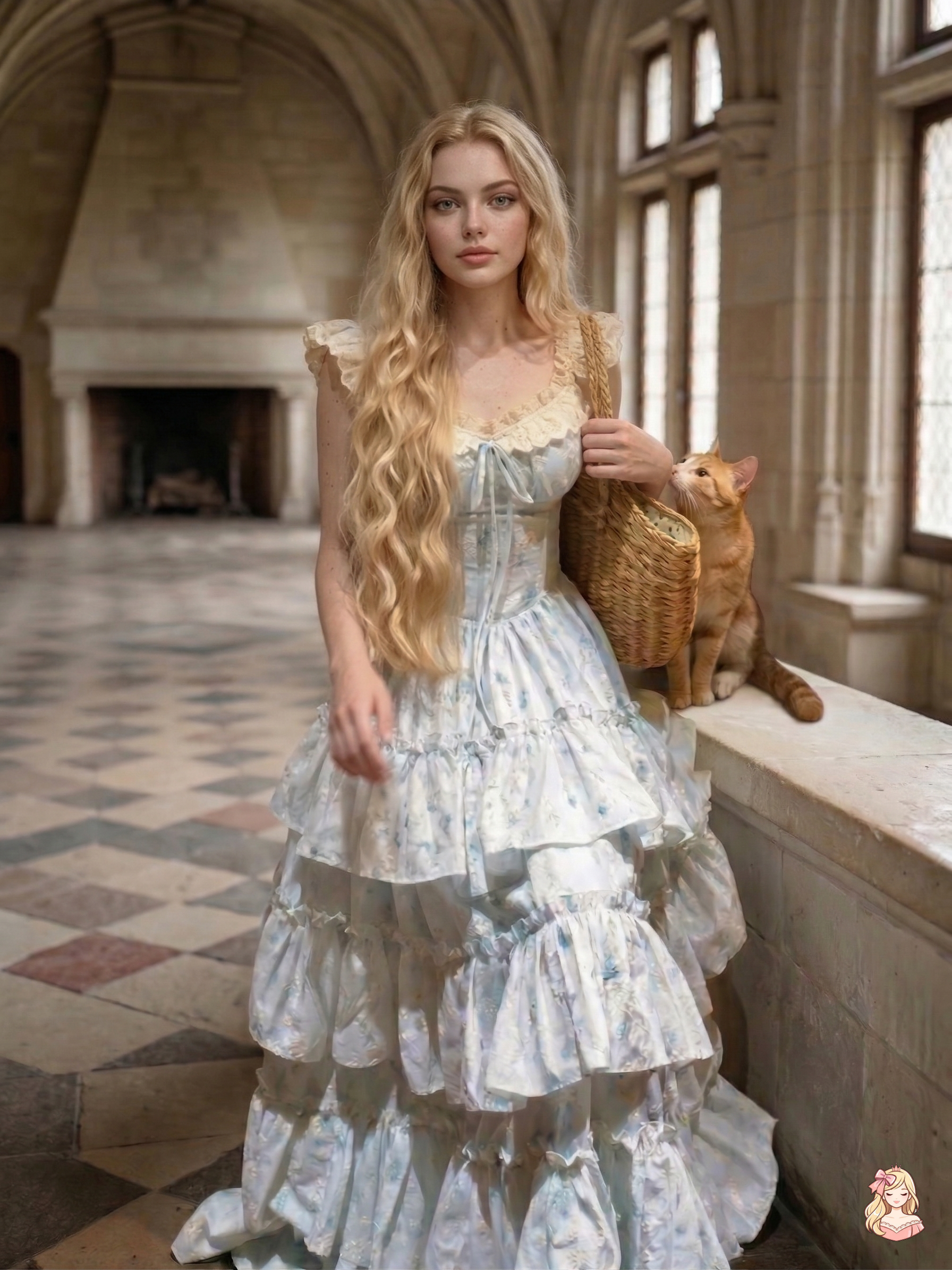 Woman in a vintage-style dress with a cat in a large room with high ceilings and large windows.