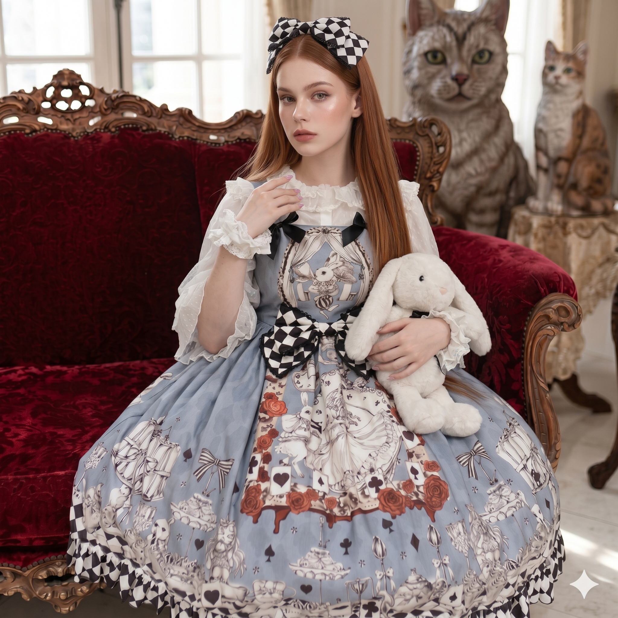 Woman in a patterned dress sitting on a red couch with cats in the background