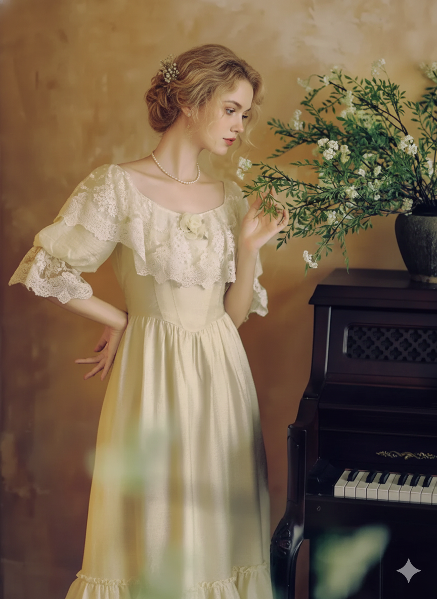 Parisian Court Vintage Oil Painting Style Slim Waist Comfortable Lace Collar Lyocell Dresses