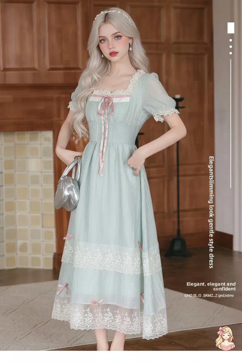 The Chambord Fairy Gown | Green Bow Lace Square Neck Dress | French Mori Girl Summer Dress | Parisian Princess