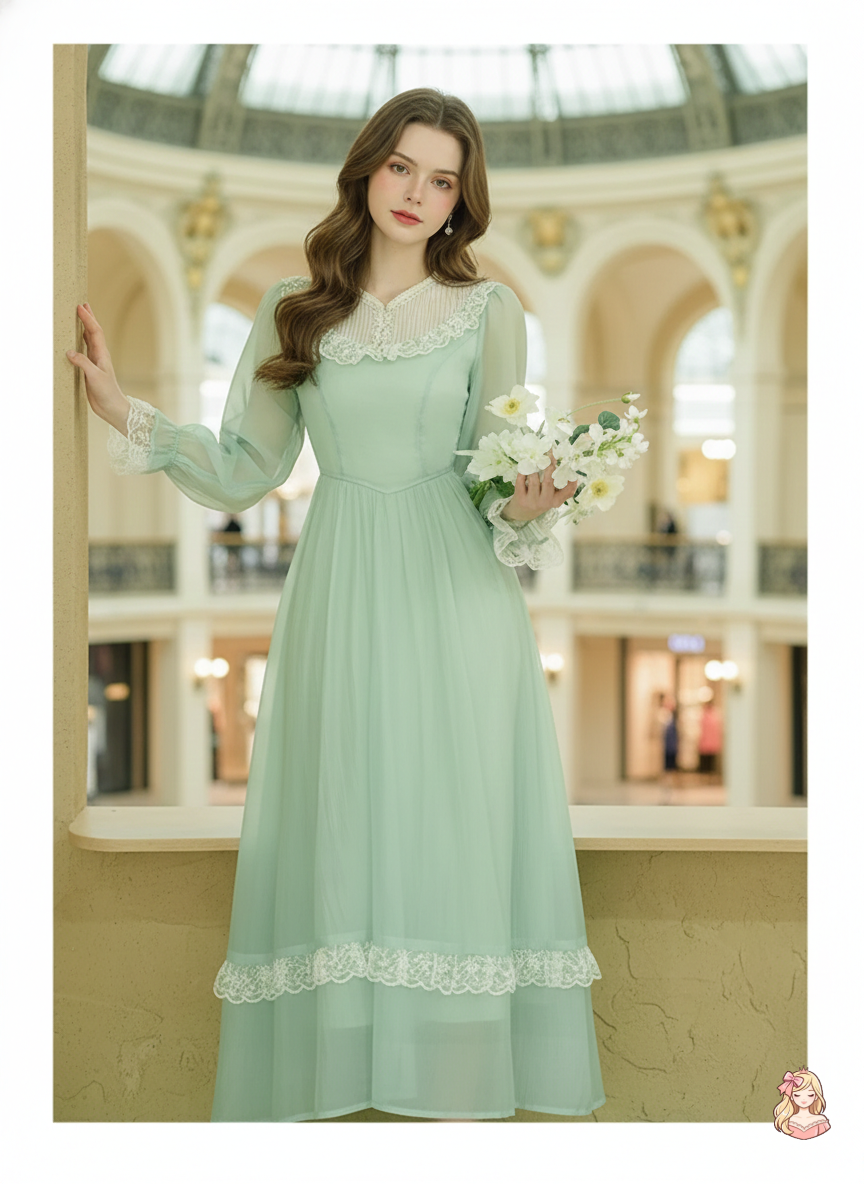 The Tuileries Green Fairy Dress | V-Neck Lace Flare Sleeve Midi | French Retro Empire Gown | Parisian Princess