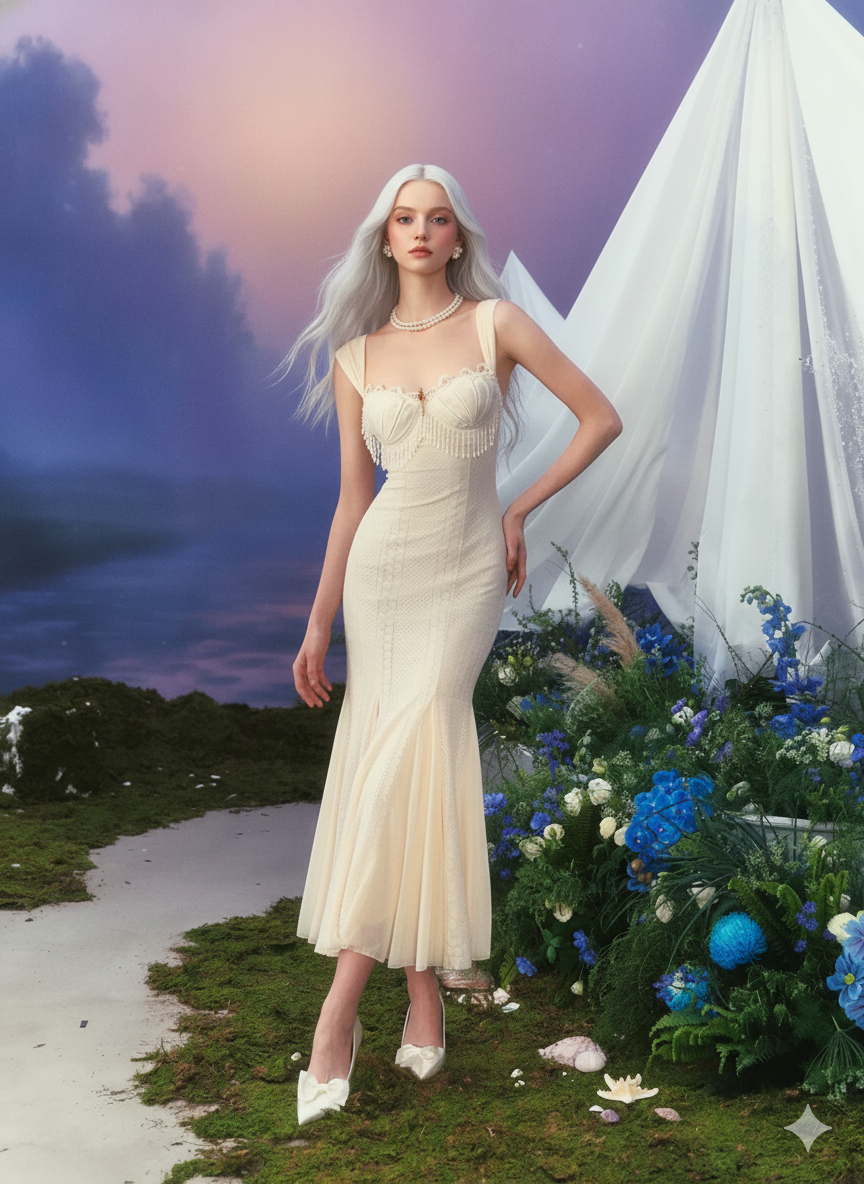 Parisian Evening Dress Women Vintage Elegant Slim Beading Tassel Lace Suspender Dress Birthday Party Fishtail Dress