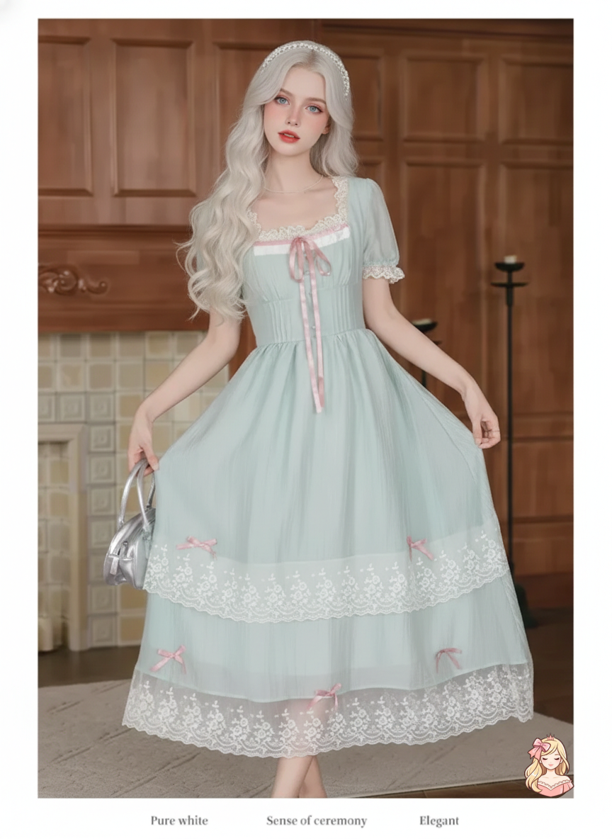 The Chambord Fairy Gown | Green Bow Lace Square Neck Dress | French Mori Girl Summer Dress | Parisian Princess