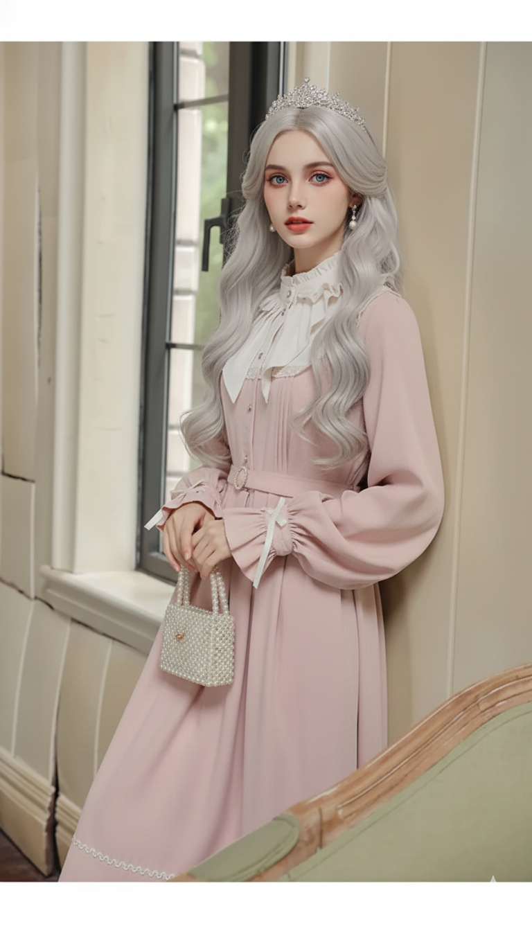 The French Elegant Sweet Lolita Pink Gown | Parisian Bow Lace Ruffle Patchwork Dress | European Party Princess Ankle-Length Dress | Parisian Princess