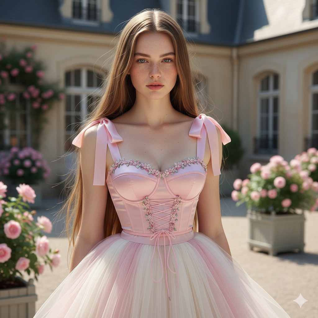 The Rosé Promenade Bustier | Floral Trim Fishbone Corset | Lace-Up Pink Satin Crop Top | Parisian Princess