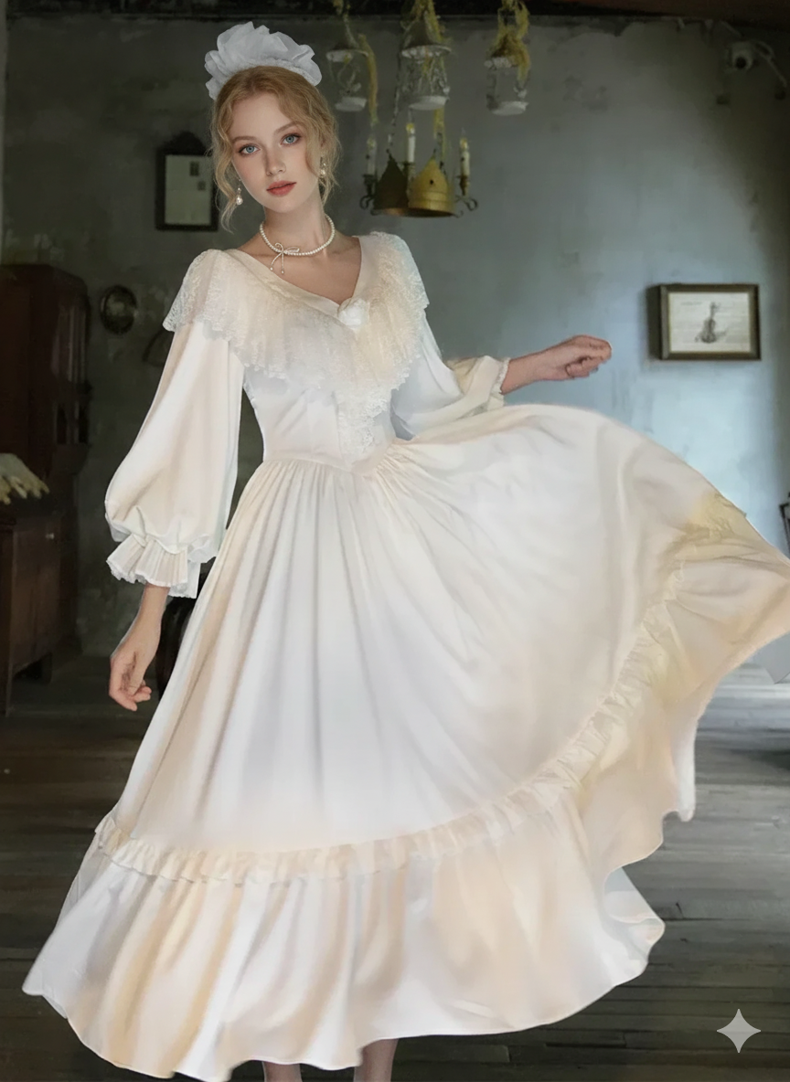 Parisian Satin Lace Dress Lantern Sleeve Long Maxi Ladies S-XL Vintage High Waist 2025 New V Neck White