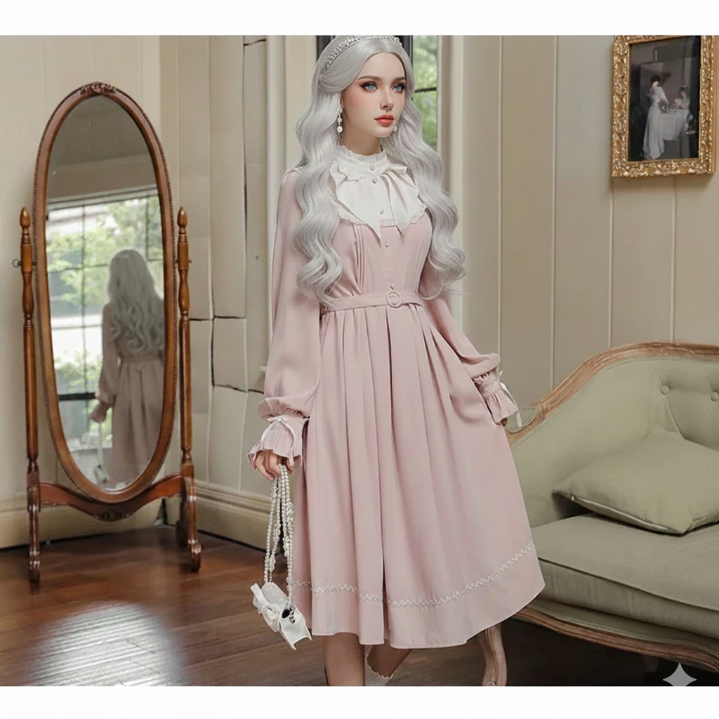 The French Elegant Sweet Lolita Pink Gown | Parisian Bow Lace Ruffle Patchwork Dress | European Party Princess Ankle-Length Dress | Parisian Princess