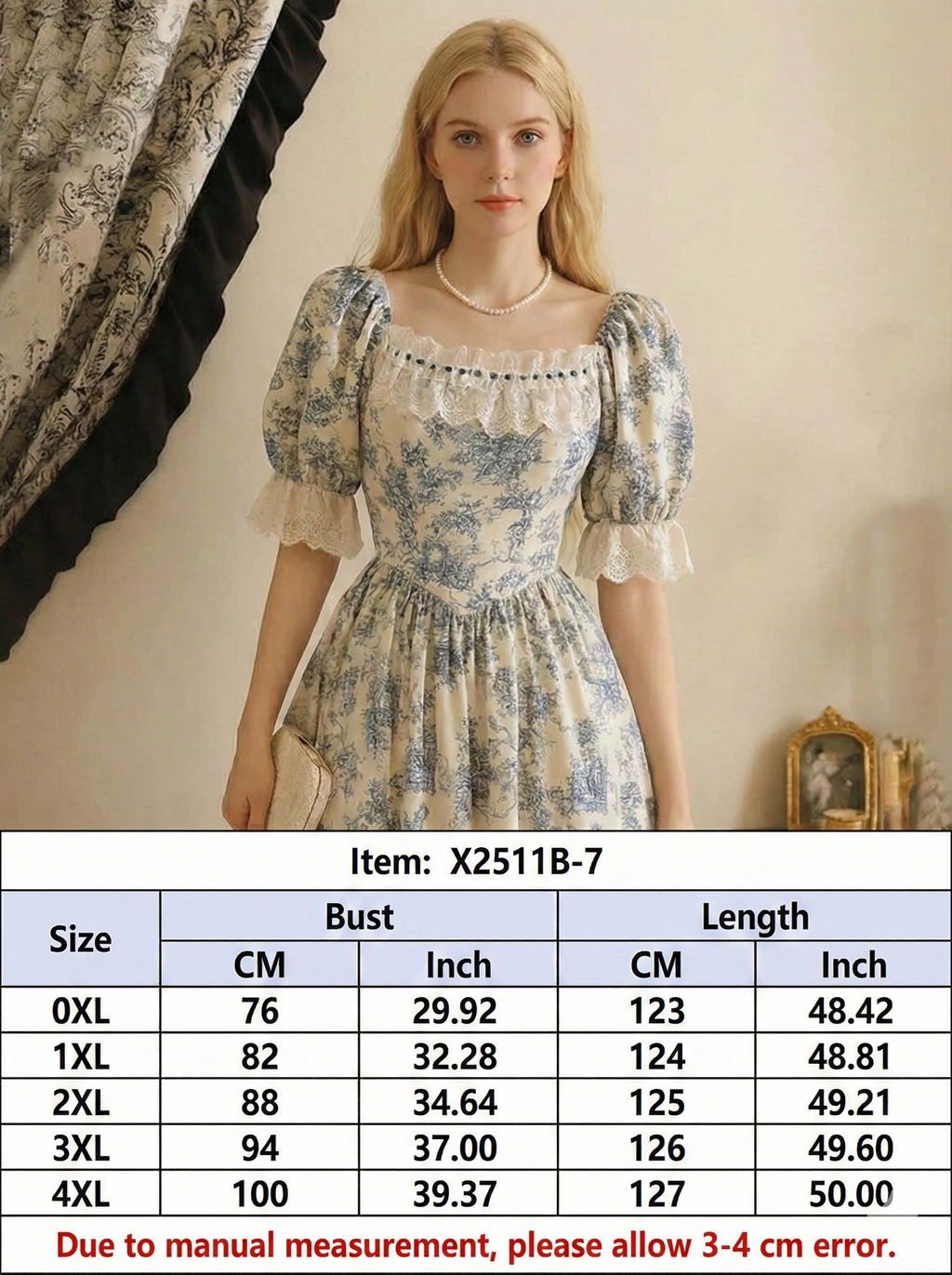 Parisian Botanical Print Long Dress Woman Square Neck Lace Short Puff Sleeves Slim Party Dresses French Cute Birthday Dress
